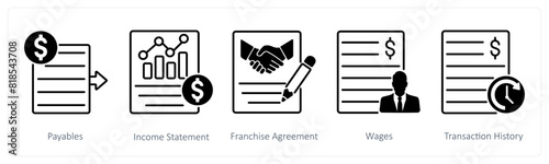 A set of 5 Banking icons as payables, income statement, franchise agreement