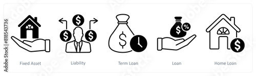 A set of 5 Banking icons as fixed asset, liability, term loan