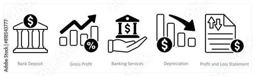 A set of 5 Banking icons as bank deposit, gross profit, banking services