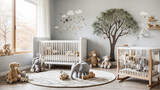  a baby's room interior . There is a crib, a rocking bassinet, a rug on the floor, and a few stuffed animals. 