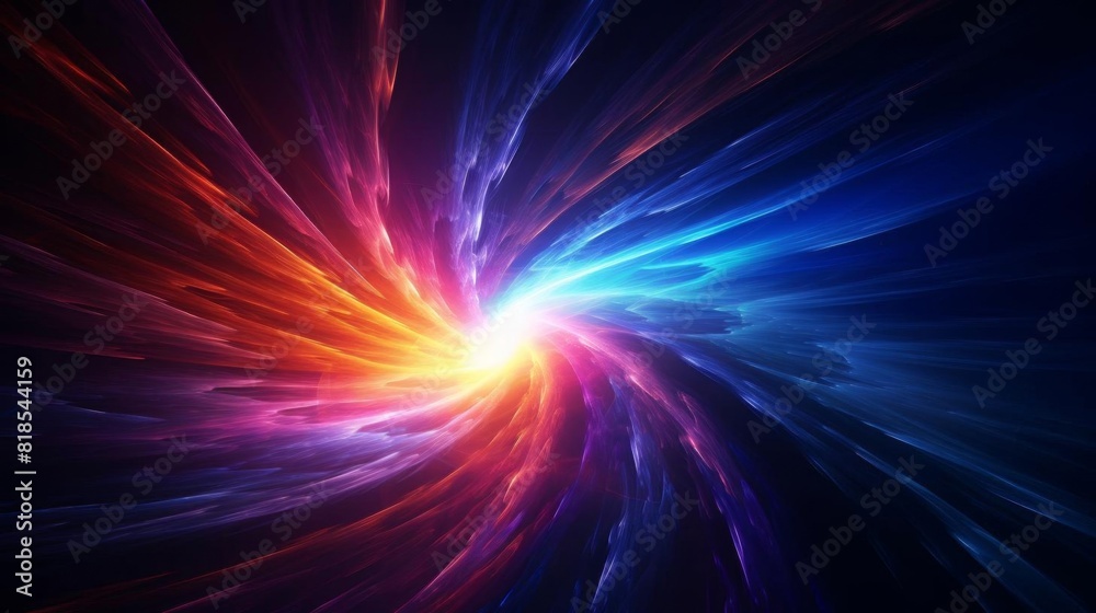 Abstract swirling energy beams in vibrant colors, radiating outward from a central point, isolated on a dark background, creating a dynamic and powerful visual effect