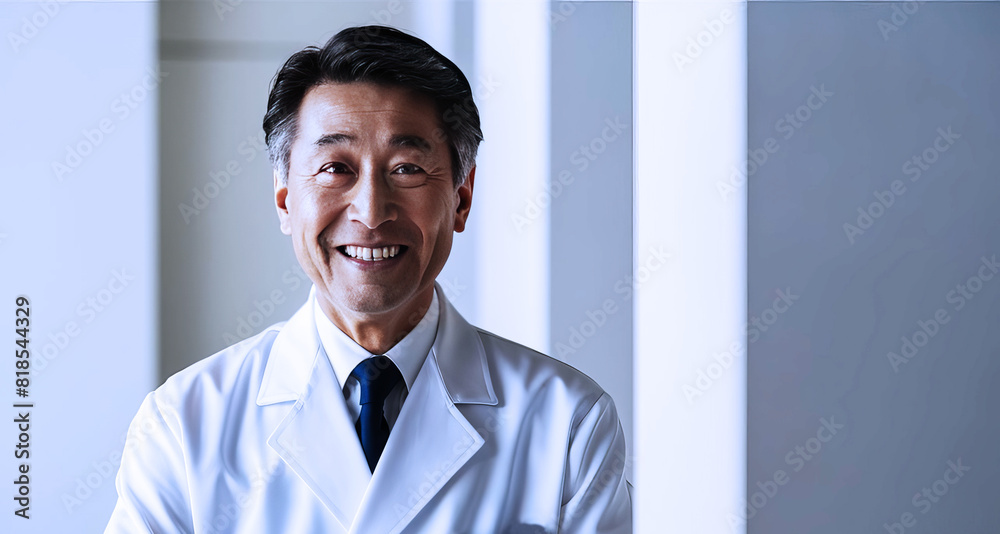 Portrait of a professional Japanese doctor in formal white attire smiling face with copy space Portrait of a professional Japanese doctor in formal white attire smiling face with copy space
