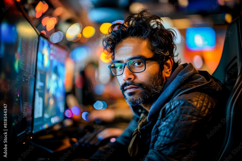 Portrait of a focused male programmer working at a computer workstation surrounded by screens in a modern office at night. Portrait of a focused male programmer working at a computer workstation surrounded by screens in a modern office at night.
