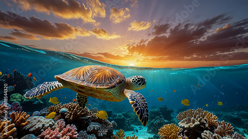 Sea Turtle Resting Among Colorful Coral Formations Imagine a cinematic underwater image of a sea turtle resting peacefully among colorful coral formations photo