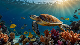 Sea Turtle Resting Among Colorful Coral Formations Imagine a cinematic underwater image of a sea turtle resting peacefully among colorful coral formations