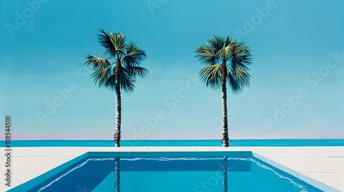 Minimalist Palm Tree Infinity Pool Landscape in Serene Blue Sky photo