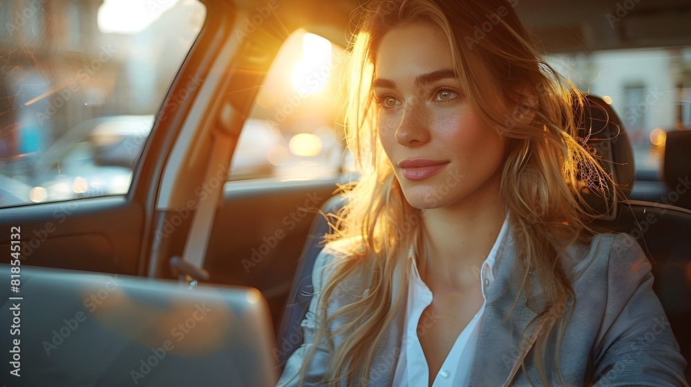 Ambitious Businesswoman Working on Laptop in the Back Seat of Car During Sunset Ambitious Businesswoman Working on Laptop in the Back Seat of Car During Sunset