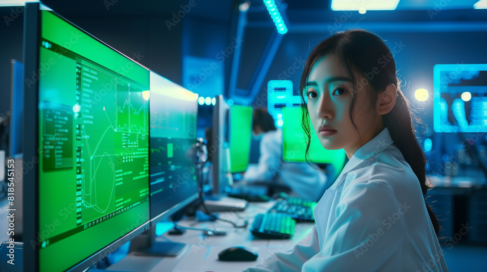 Scientist Analyzing Data on Multiple Computer Screens Scientist Analyzing Data on Multiple Computer Screens