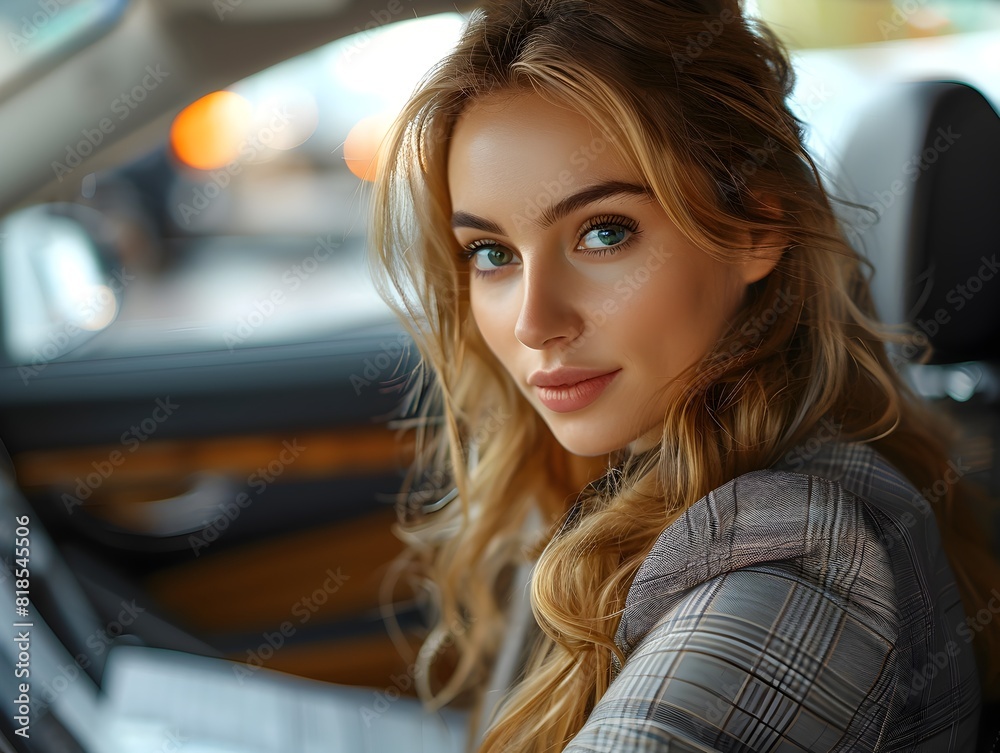 Confident Businesswoman Reviewing Presentation Slides in Backseat of Car Confident Businesswoman Reviewing Presentation Slides in Backseat of Car