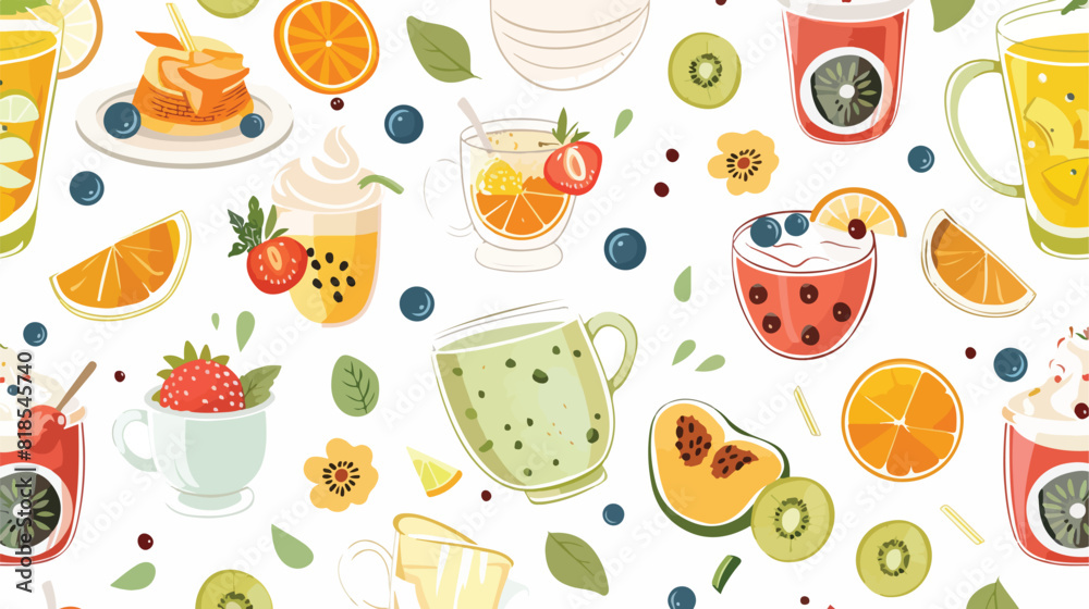 Breakfast seamless pattern. Cold hot drinks with frui