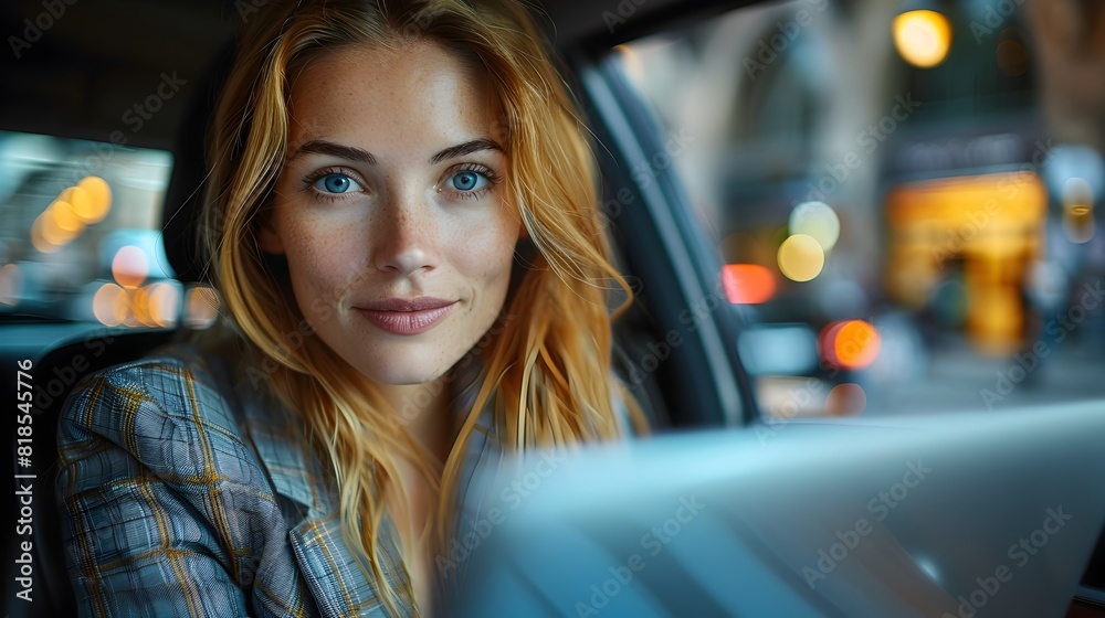 Focused Businesswoman Working on Client Proposals During Commute in Car Focused Businesswoman Working on Client Proposals During Commute in Car