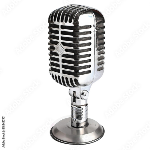 Vintage silver microphone isolated on white background  representing classic audio recording and broadcasting equipment.PNG and White background.