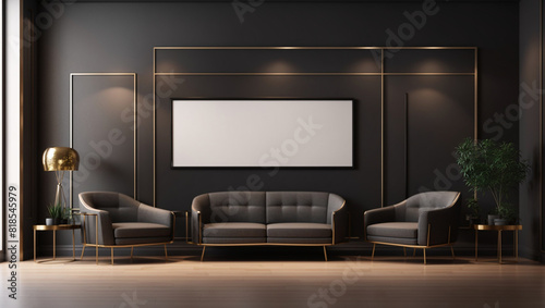 A dark-themed living room with a couch and two chairs in front of a blank frame on the wall.