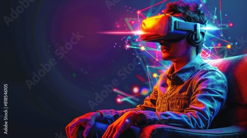 Immersive Virtual Reality Experience: Person Enjoying Futuristic Technology with VR Headset and Colorful Digital Art Effects