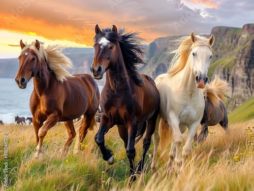Majestic Horses Galloping Freely Through Lush Green Meadows During Sunset Near Coastal Cliffs With a Vibrant Sky in the Background