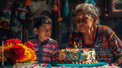 An older woman and a young boy looking at a cake.