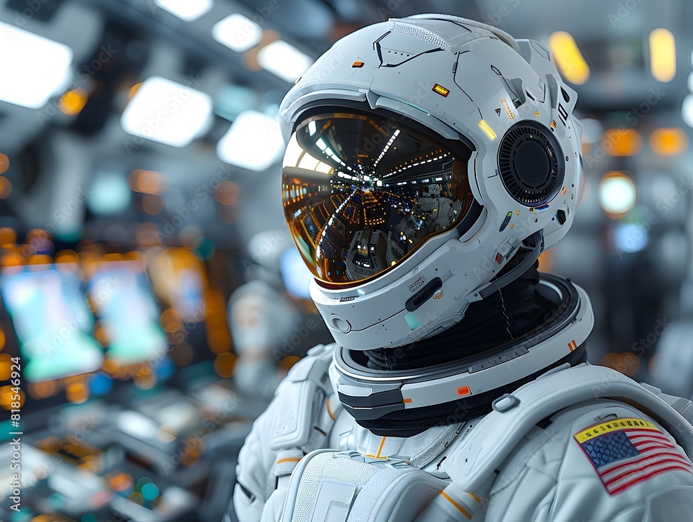 Fototapeta premium Astronaut in Futuristic Spacecraft Control Room