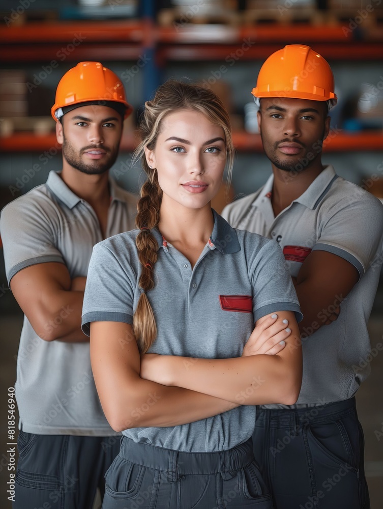 Three workers standing in a warehouse. Three workers standing in a warehouse.