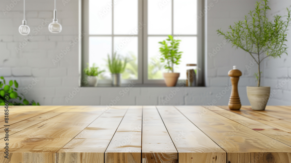 Fototapeta premium Kitchen background top counter interior wood blur home wooden empty room light white. Top kitchen product background desk modern window food display design texture tabletop restaurant board wall space