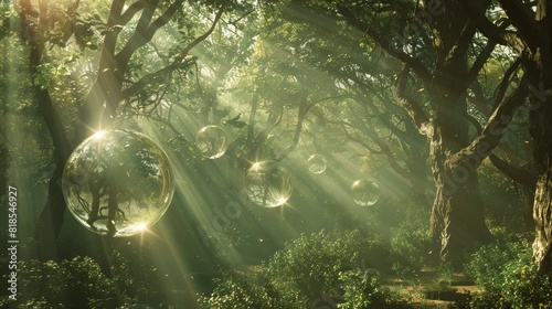 Fairytale forest of coffee trees, dreamy ethereal light, crystal-clear sphere floating serenely photo