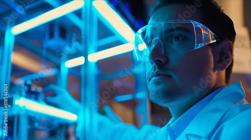 A man in lab coat looking at something.