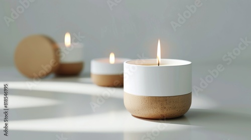 Trio of Natural Wood Candles on Reflective Surface  Spa Mockup with Copyspace for Elegant Relaxation
