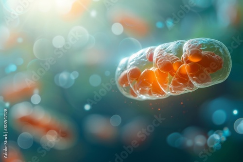 Modern and vibrant illustration of mitochondria within a cell in a clean, minimal design. Space for text in the bottom right corner. photo