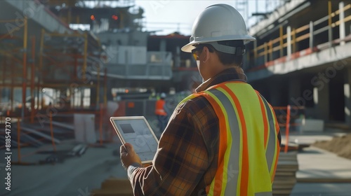 A construction worker holding a tablet in front of a building.