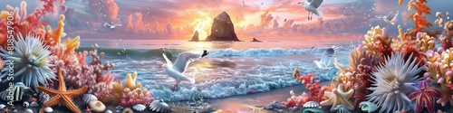 Surreal Ocean Sunset with Majestic Rock Formation and Fantasy Marine Life Including Whales and Dolphins in an Imaginative Seascape photo