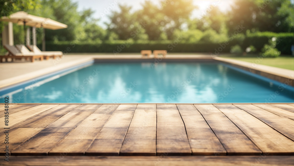  an empty wooden dock in front of swimming pool