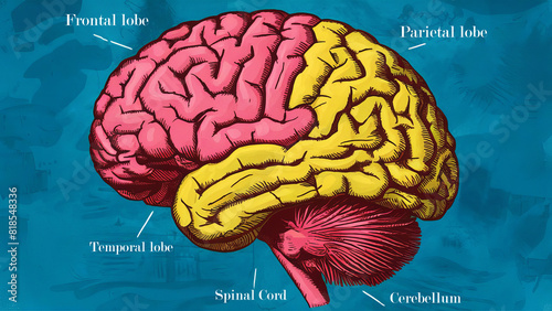 Human brain anatomy with brain parts names frontal lobe cerebellum education biology science photo