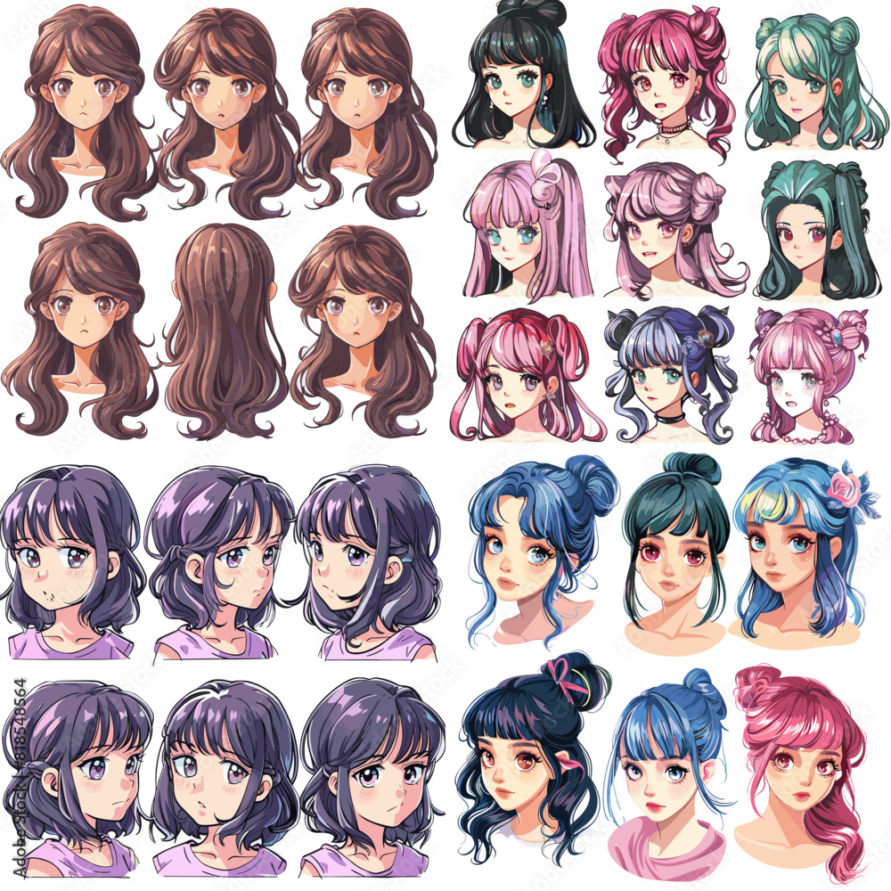 A collection of anime girl hairstyles, including long, short, and curly hair. The hairstyles are arranged in a grid, with each row and column featuring a different style. Scene is playful and fun A collection of anime girl hairstyles, including long, short, and curly hair. The hairstyles are arranged in a grid, with each row and column featuring a different style. Scene is playful and fun