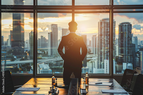Businessman standing in an office boardroom, looking out the window at the city skyline, embodying corporate success photo