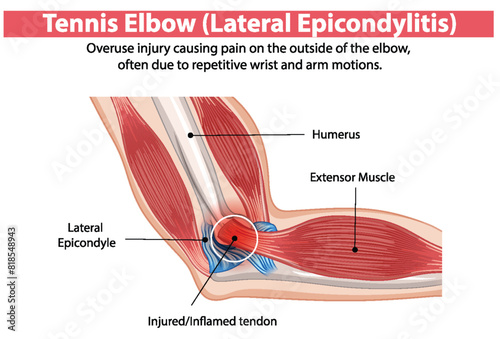 Illustration of tennis elbow injury and affected areas photo
