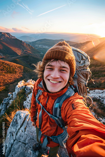 Young hiker taking a selfie on a mountain top, radiating happiness and a love for outdoor adventures photo