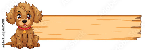 Adorable puppy sitting beside a wooden sign