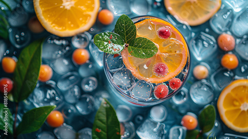 Gin tonic en fondo azul con elementos abstractos