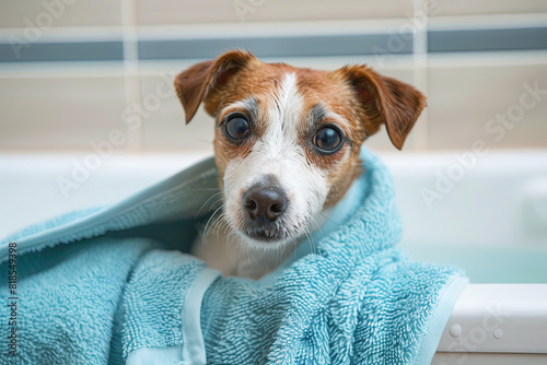 Jack Russell dog sitting in a bathtub, not entirely amused, wrapped in a blue towel, undergoing a spa treatment photo