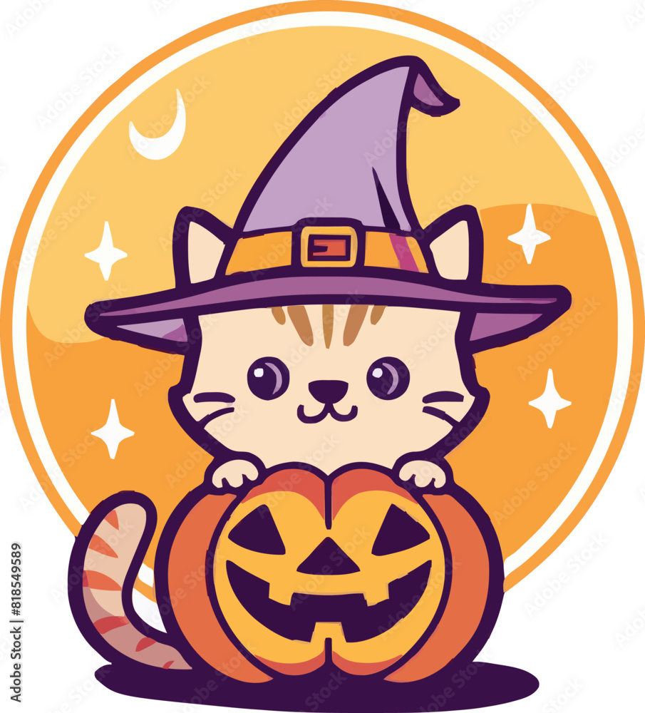 Fototapeta premium pumpkin cat. Collection kiiten with pumkin. Fuuny pets. Happy halloween. Scary print for design. Vector illustration on white background.