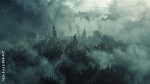 Eerie futuristic city nestled within a black forest, with fog creeping through the streets and ominous clouds above