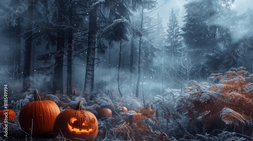 Eerie winter forest scene with dark orange pumpkins and dense fog, creating a spooky, otherworldly ambiance photo