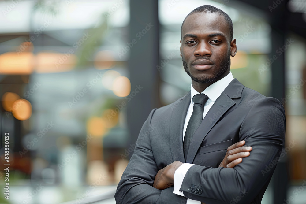 Fototapeta premium Attractive black business executive with arms crossed, exuding confidence and professionalism