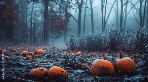 A chilling winter evening with dark orange pumpkins and thick, moody fog in a spooky forest, evoking a sense of mystery and fear