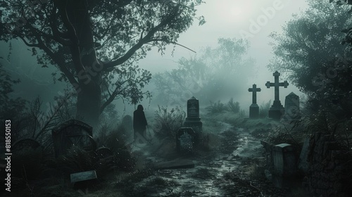 A dark figure stands ominously on a foggy forest path, ghostly cemetery shrouded in mist, creating a chilling vibe photo