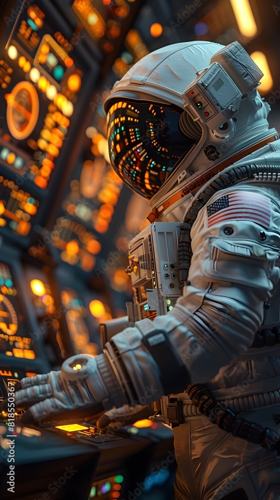 Fototapeta premium Astronaut in Futuristic Spacecraft Control Room Monitoring Displays