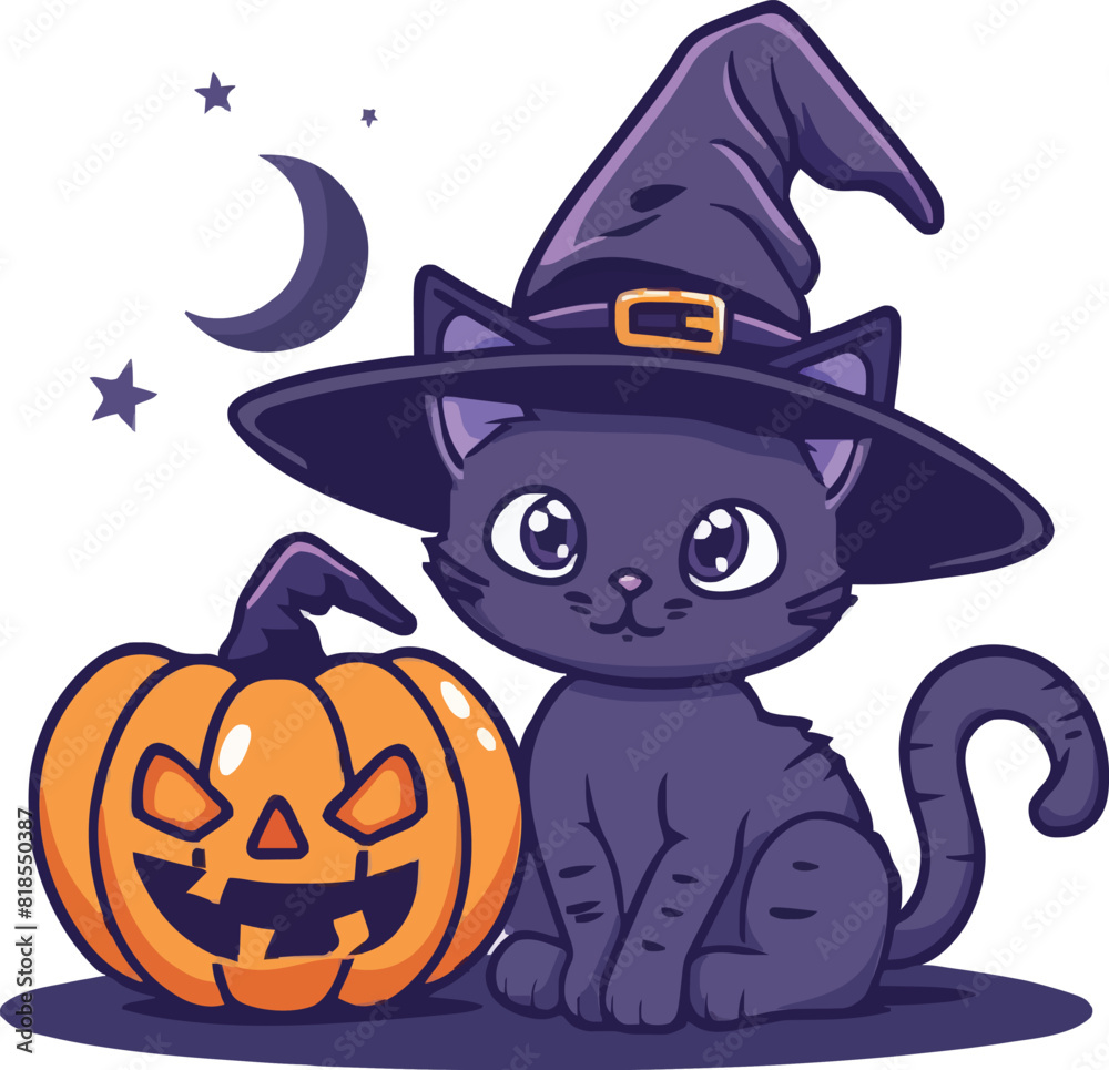 pumpkin cat. Collection kiiten with pumkin. Fuuny pets. Happy halloween. Scary print for design. Vector illustration on white background.
