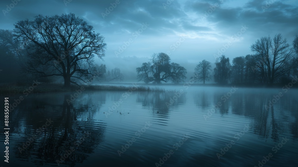 Countryside pond veiled in evening fog, with dark tree silhouettes and cloudy skies, evoking a mysterious and atmospheric feeling