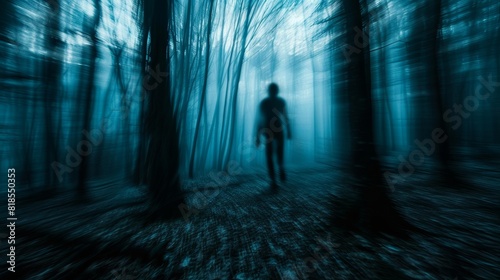 Blurred ghostly figure gliding through a forest  trees silhouetted against a spooky dark night sky  creating an eerie atmosphere