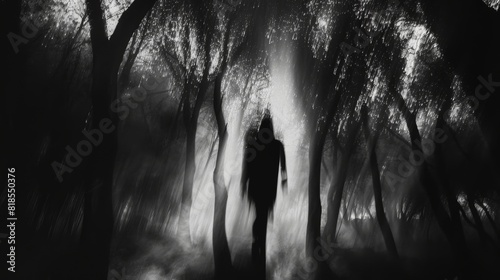 Blurred spectral entity moving silently through a grove of silhouetted trees, enveloped by the darkness of a sinister night