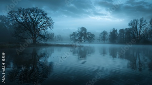 Countryside pond veiled in evening fog, with dark tree silhouettes and cloudy skies, evoking a mysterious and atmospheric feeling